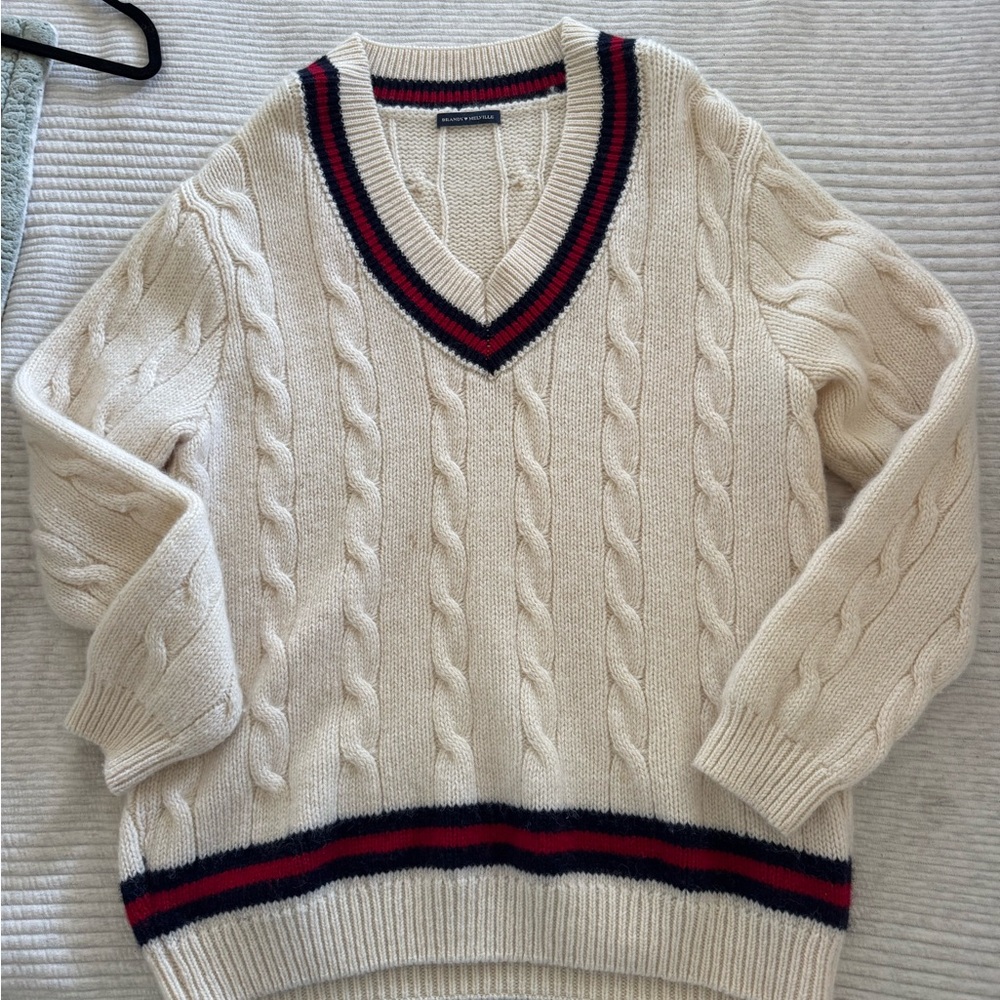 Brandy Melville V-Neck Sweater - Cream with Red and Black Accents